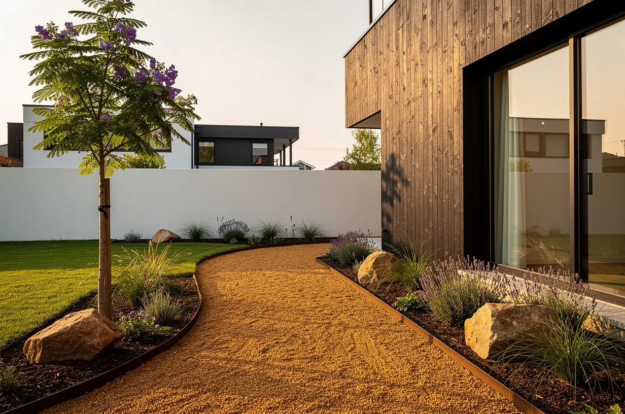 Jardín recién construido junto a una casa con caminos de gravilla y macizos