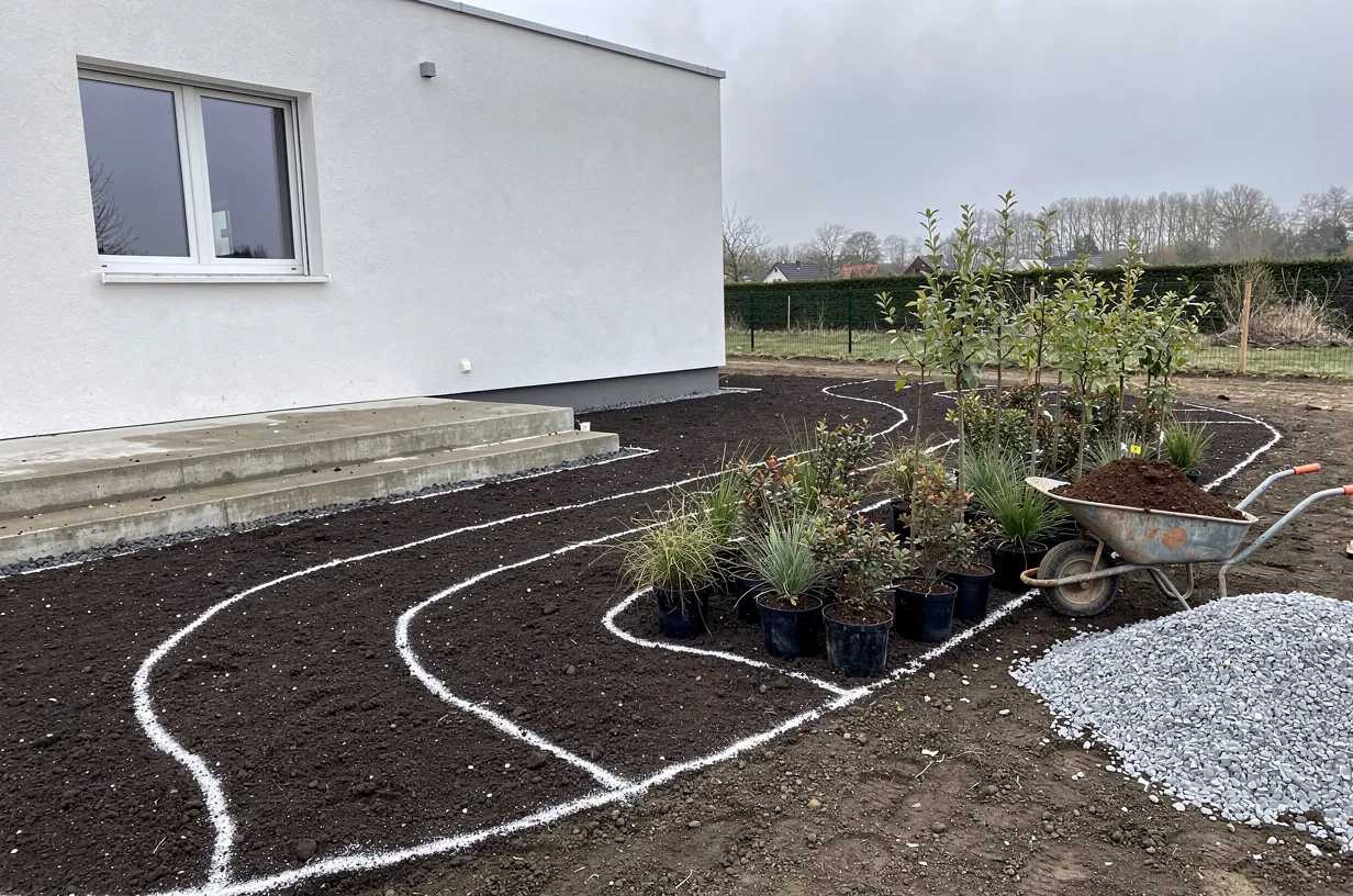 Jardín en construcción con tierra nivelada, macizos marcados y plantas listas para plantar