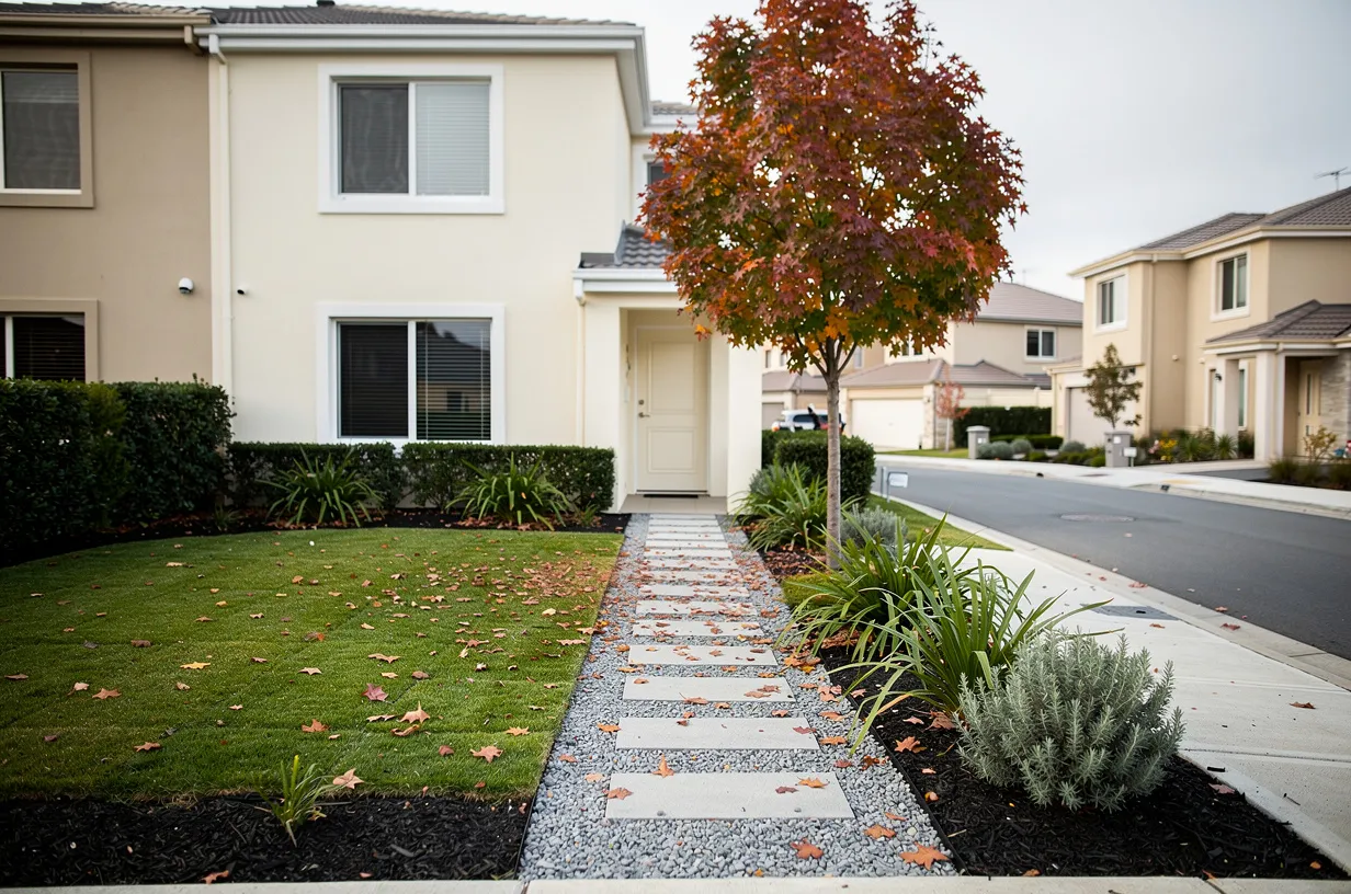 Jardín de casa terminado con pasto, macizos y camino de gravilla
